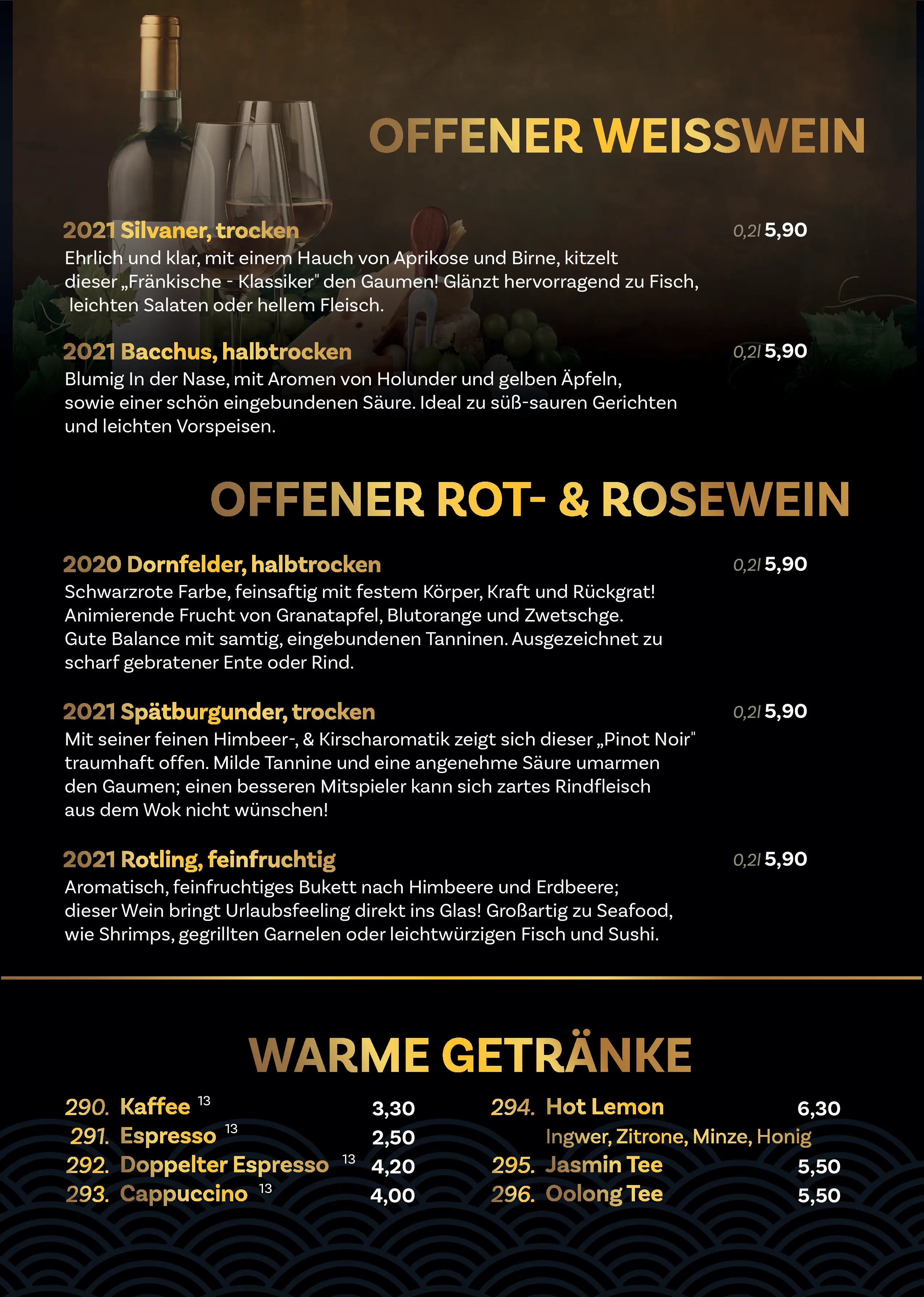 Weinkarte AURA – Fränkischer Klassiker, Pinot Noir, Rosé, Weißwein – passend zu Fisch, Rind, Seafood, Sushi und Vorspeisen